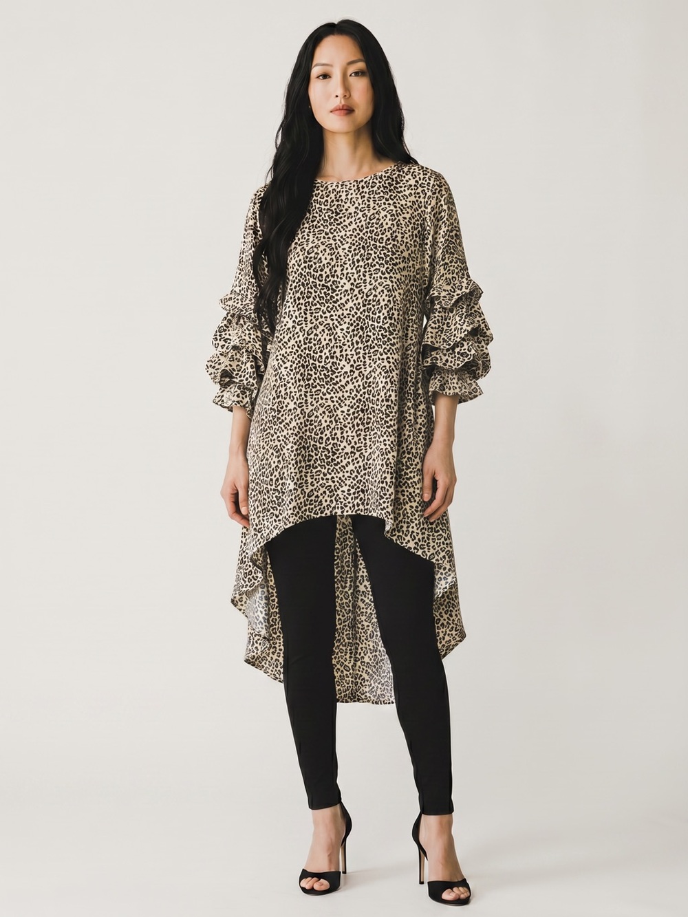 Patrizia Luca Cheetah Print Tunic Size M Hi Low Hem Ruched Sleeve Leopard Casual